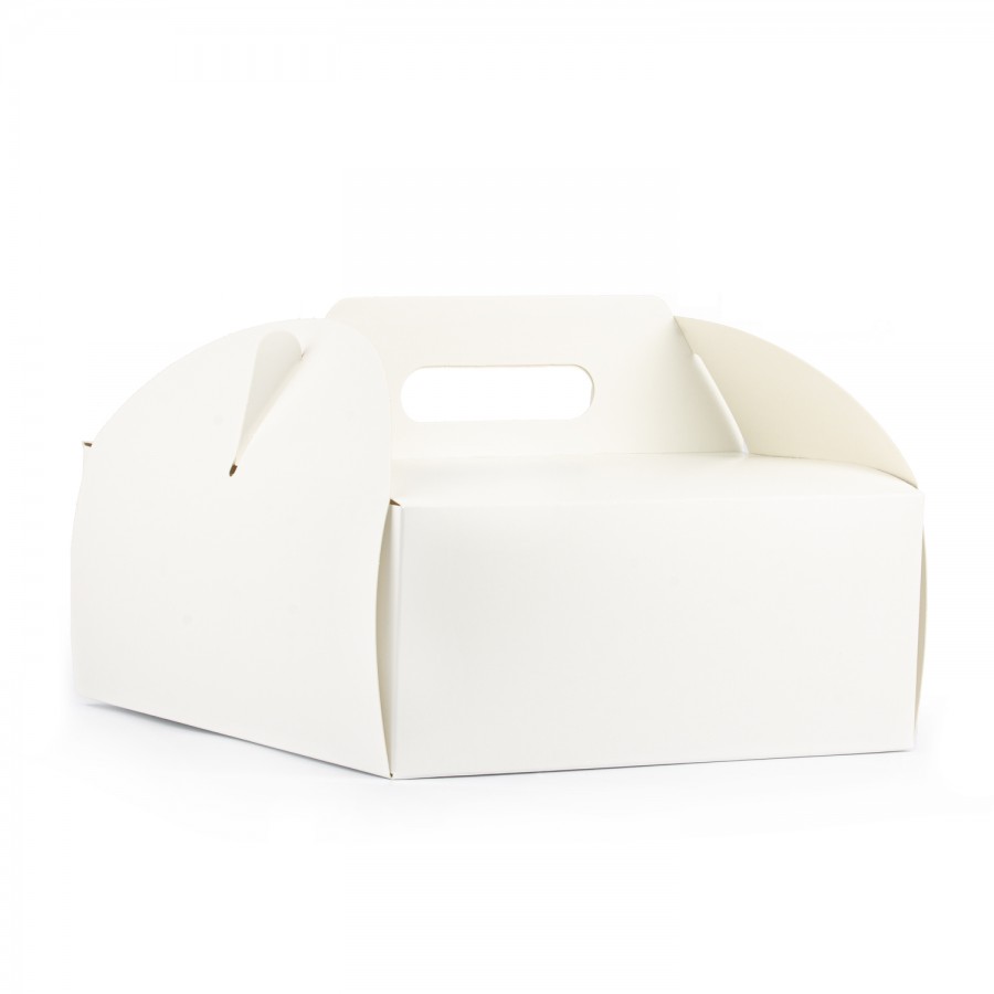 Baltos spalvos kartoninė dėžutė su rankena