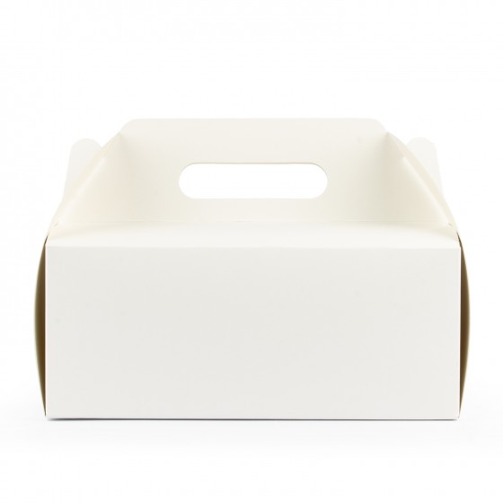 Baltos spalvos kartoninė dėžutė su rankena
