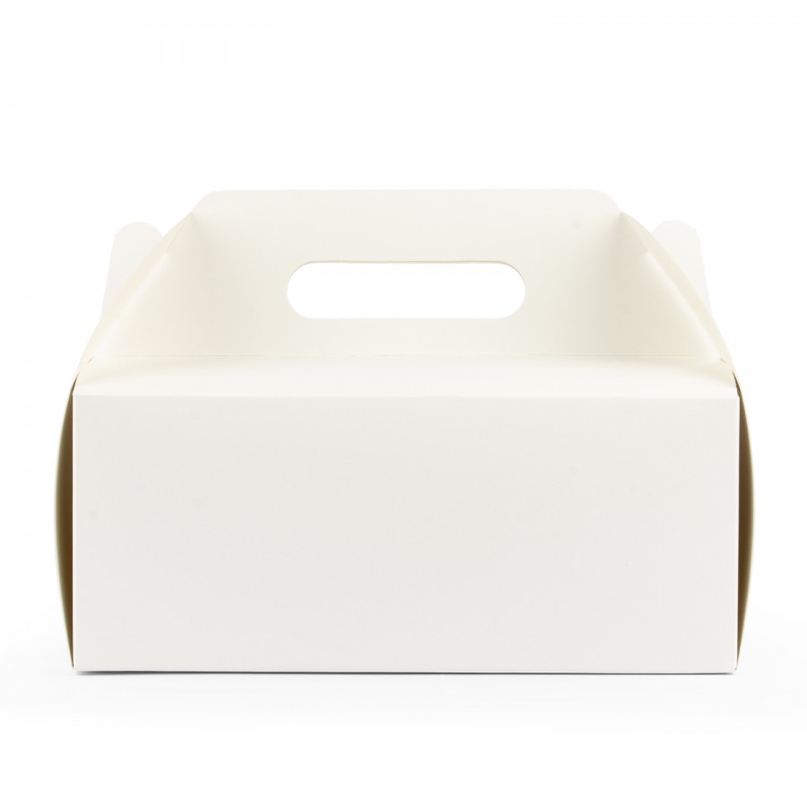 Baltos spalvos kartoninė dėžutė su rankena